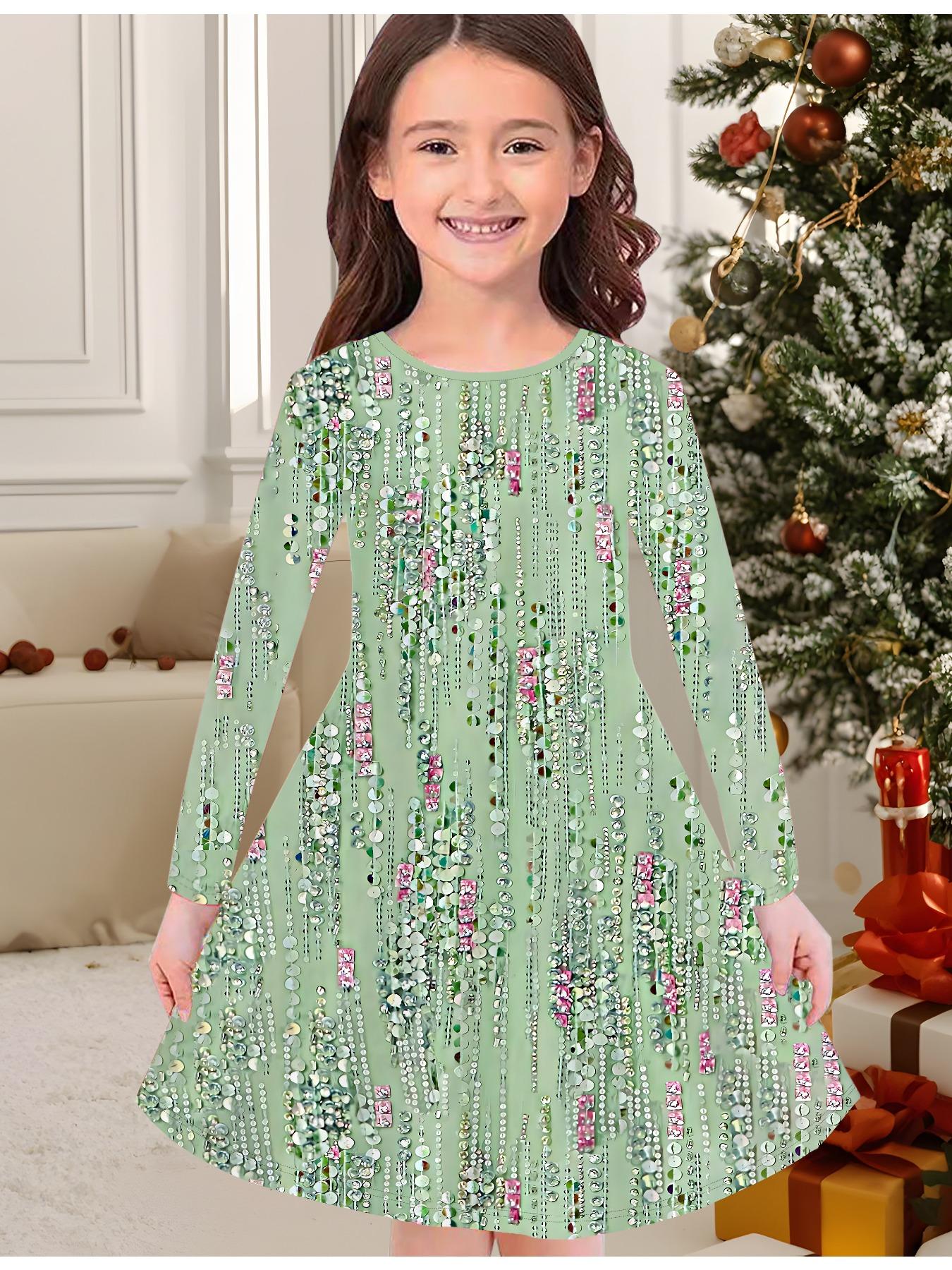 

Модное осенне-зимнее платье для девочек, платье-футболка с длинным рукавом и круглым вырезом, с 3D цветочным принтом, повседневное, универсальное, рождественская одежда 170 зелёный