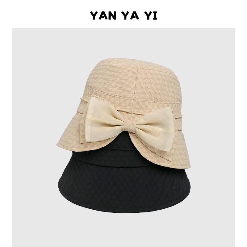 Lady temperament bucket hat women's spring and summer fashion face covering wide brim basin hat showing face small bow sun protection sun hat