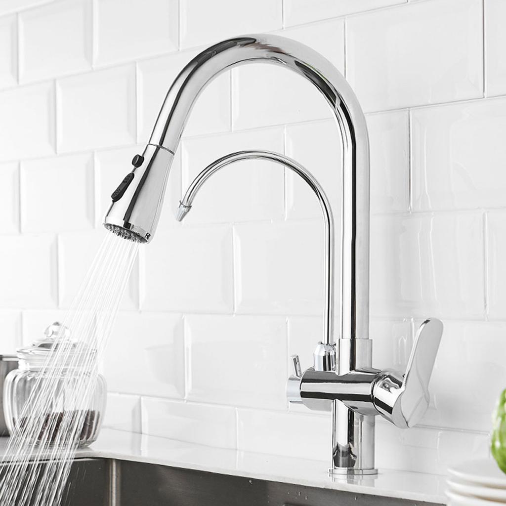 G1Celsius2 Modern 3 In 1 Filter Purifier Kitchen Faucet Double Handle PullOut Sink Hot Cold Water Tap(Electroplated )