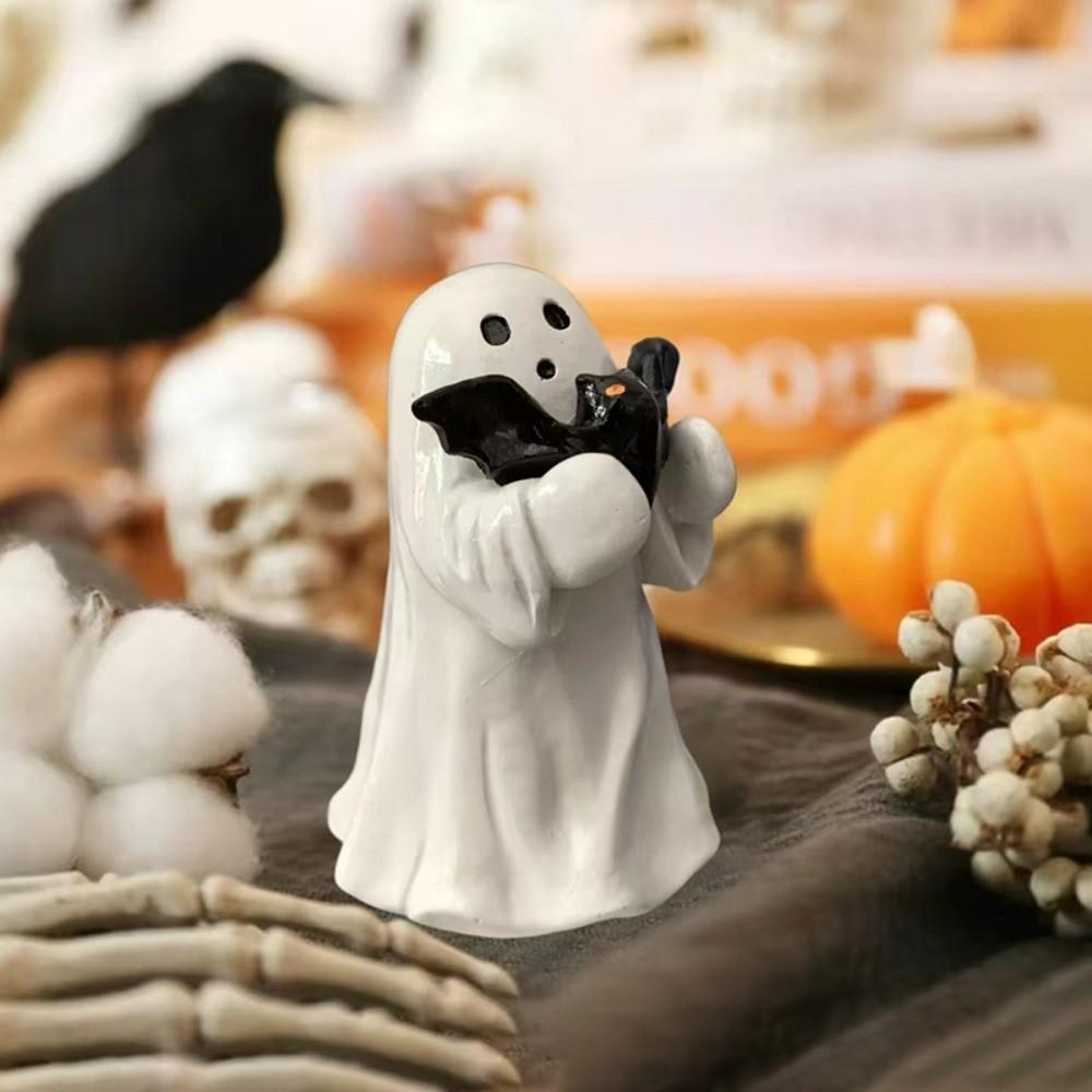 Halloween Specter Ornament Black Bat Pink Pumpkin Specter Holding Pumpkin Miniature Size Resin Figures Statue Party Accessories