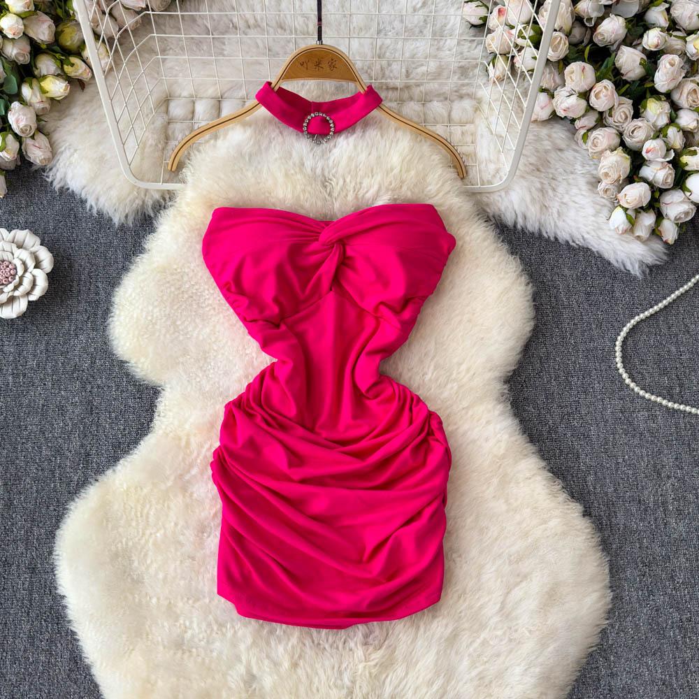 Women's Sexy Twisty Strapless Dress Spicy Girl's Ingenious Pleated Slimming and Body-hugging Dress