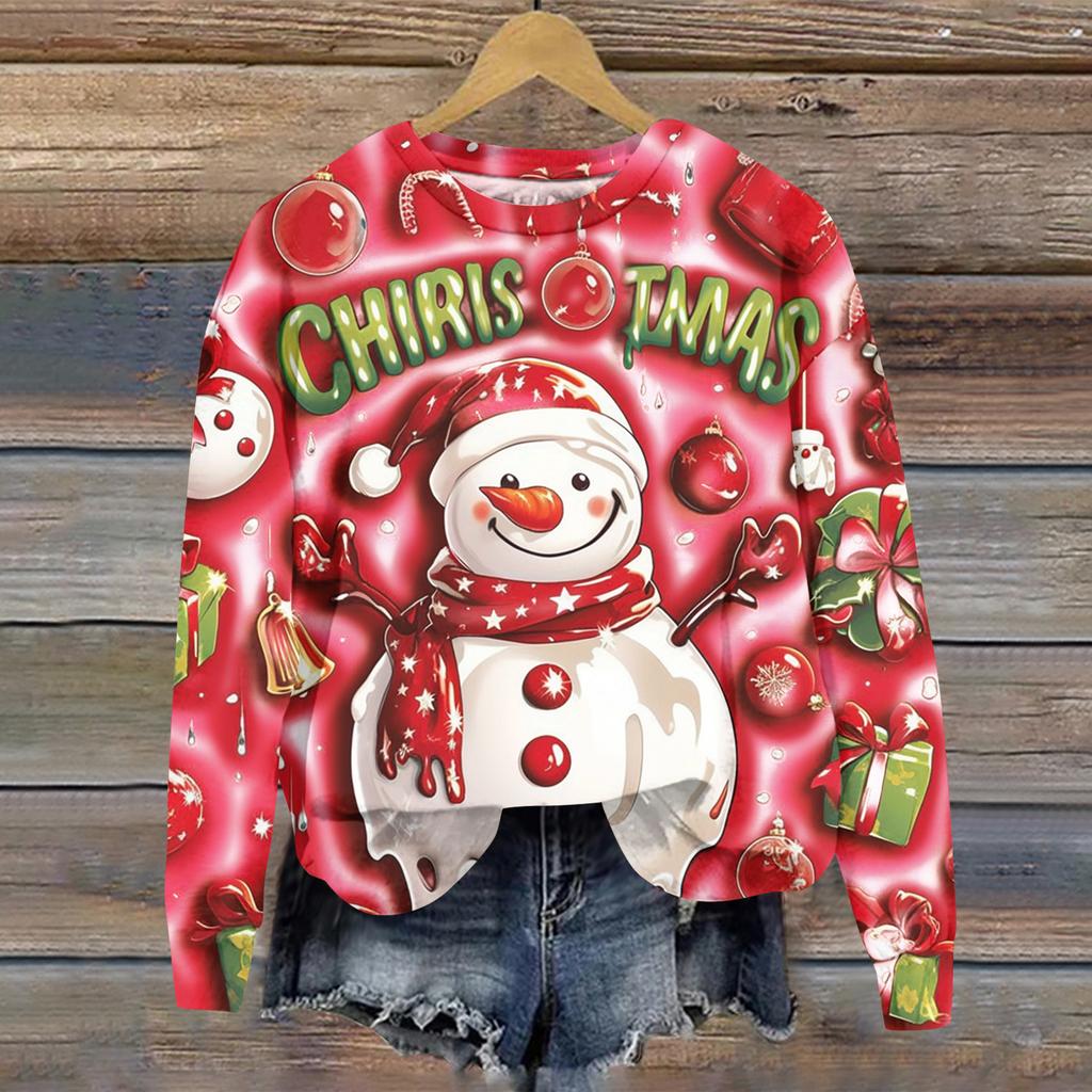 Ladies' Christmas Printed Long Sleeved Round Neck Hoodie Loose Top