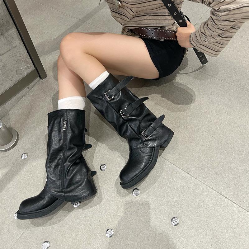 Pleated mid-top knight boots women's 2025 new belt buckle vintage western cowboy boots stacked boots