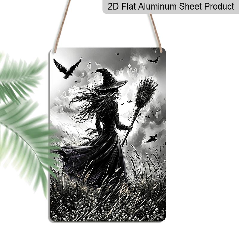 2D Flat, 1pc Gothic Witch Broomstick Black Crow Aluminum Halloween Sign, Halloween Wall Decor for Haunted House, Party, Home, Bathroom - Spooky