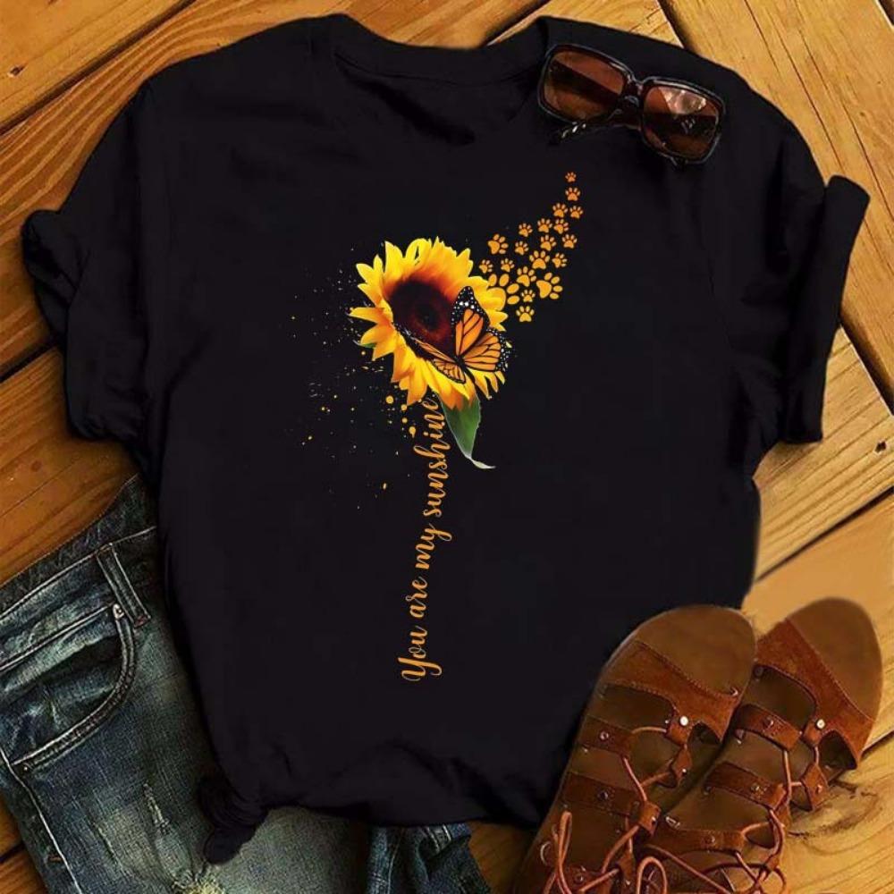 

Short Sleeve Butterfly Kiss Sunflower Print Women s Round Neck Casual T-shirt Summer Short Sleeve T-shirt Summer S