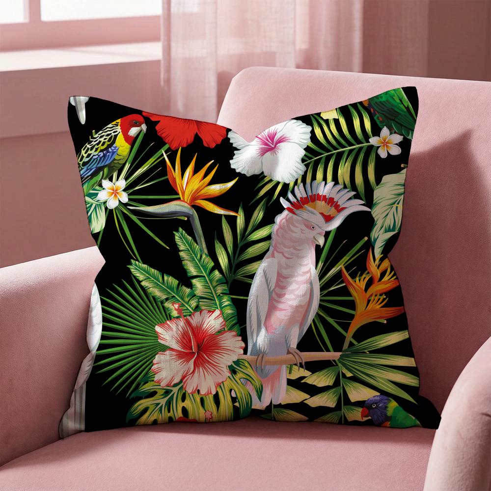 Parrots Flowers Palm Leaves Cushion Cover Multi-Scene Pillow Cover for Home & Car - Reversible, Soft & Durable for Daily Use