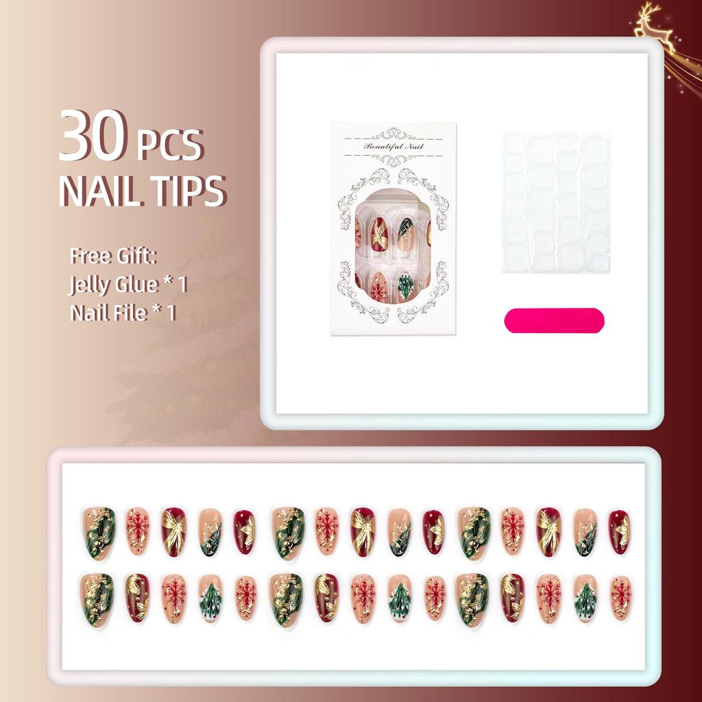 Unhas Postiças de Amêndoa para o Natal 30 Peças, Design de Árvore de Natal com Flocos de Neve Dourados, Unhas Postiças Francesas Reutilizáveis, Arte de Unhas Vestível para o Natal