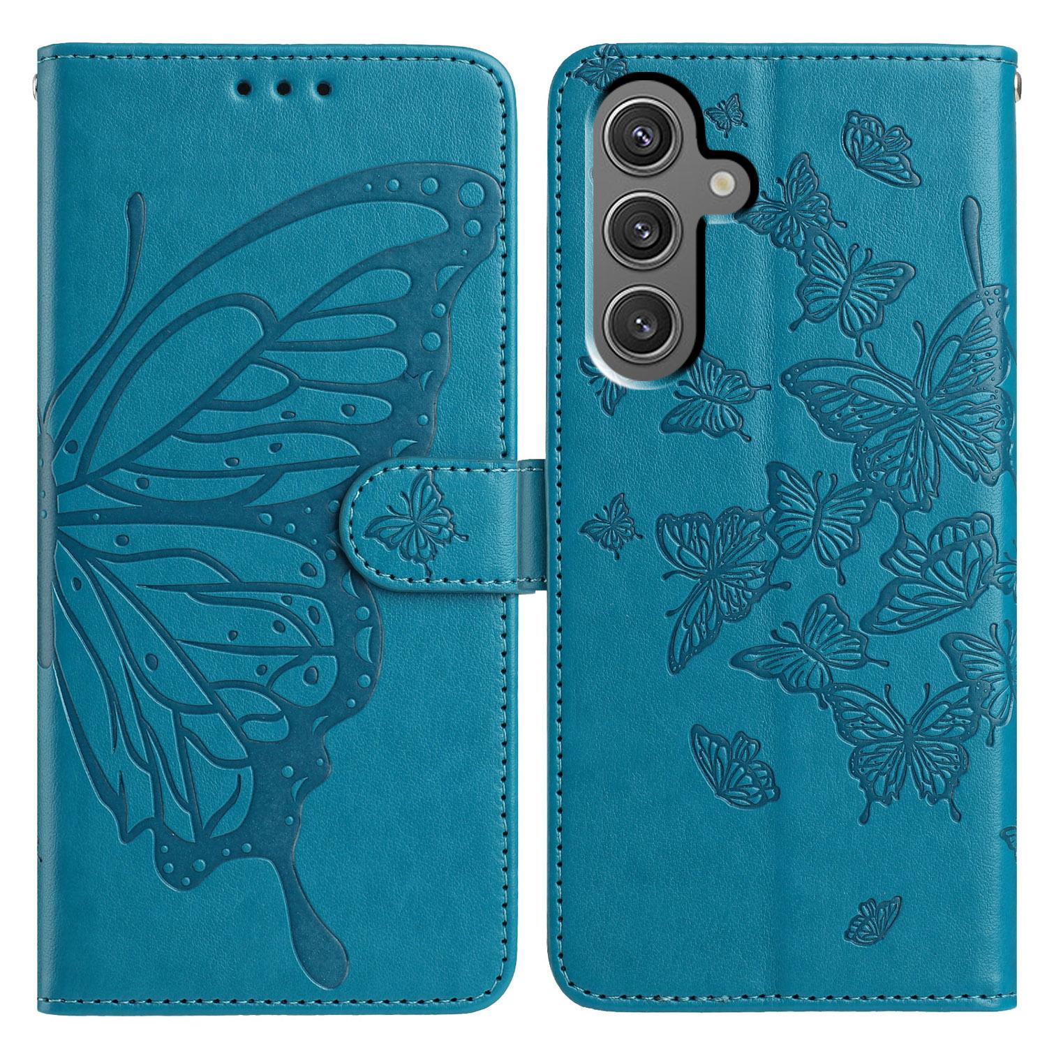 

For Samsung Galaxy A56 5G Case Butterfly Imprinted Wallet Stand PU Leather Flip Phone Cover with Strap Blue