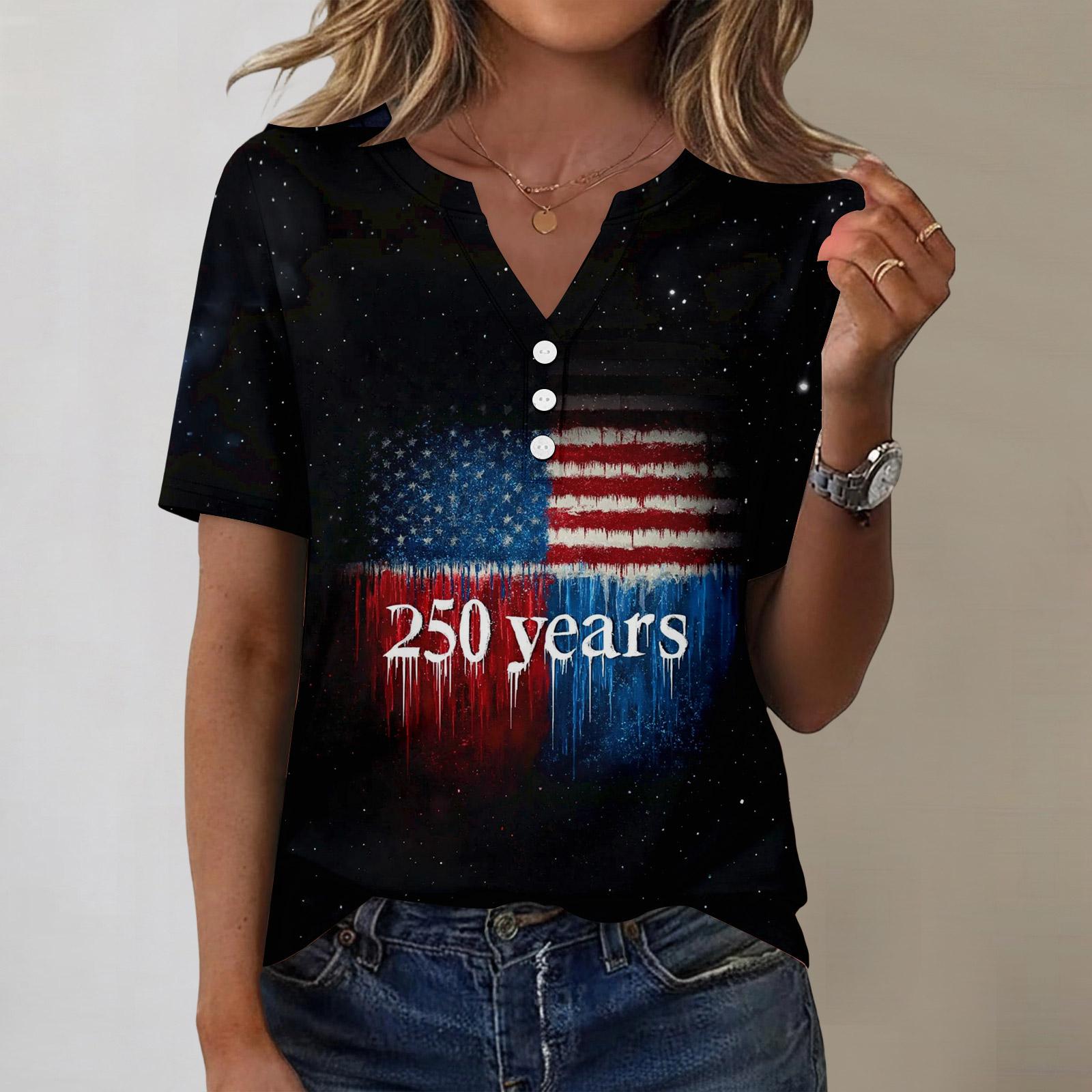 

Women’s Short Sleeve V Neck T Shirt with Statue of and Cityscape Print Casual Loose Fit Top for Daily Wear XXL