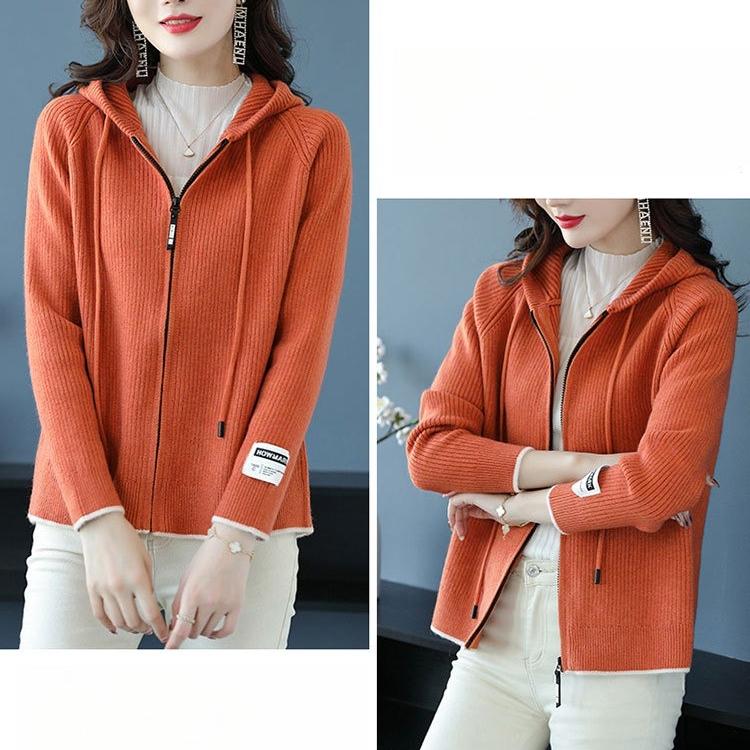 Knitted Hoodie Women's Spring and Autumn Solid-color Short Knitted Sweatshirt Hooded Zipper Sweater Cardigan Baseball Jacket