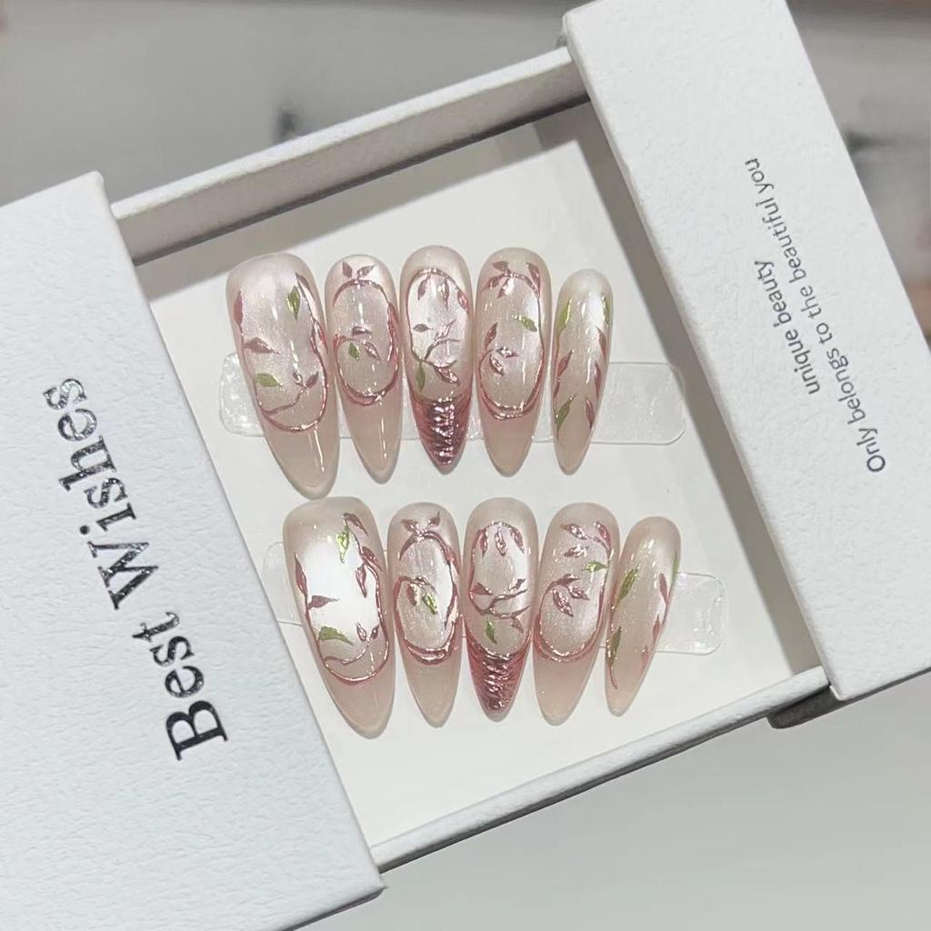 High-end Sense of Wearable Armor Handmade Nude Color Highlight Cat Eye Nail Art French Magic Mirror Fake Nails