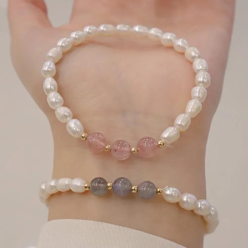 HENGSHENG 6-7mm Rice Shape Freshwater Pearl Bracelet for Women 19.5cm Elastic Rope Moonstone Crystal Bracelet Jewelry Gifts