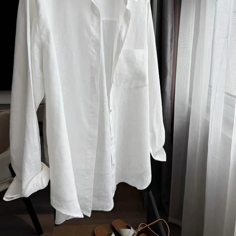 Women's Early Autumn White Linen High-End Long Sleeve Shirt - Slimming, Loose Fit, Cotton-Linen Blend