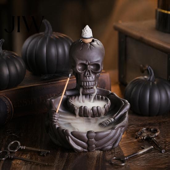 Quemador de Incienso Creativo de Cascada de Humo Calavera, Soporte para Conos de Flujo Inverso, Soporte Artístico de Varilla Difusora Calavera Gótica para Decoración del Hogar de Halloween,
