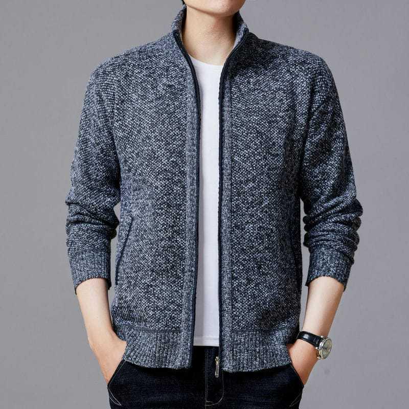 Men's Winter Stand-Up Collar Knitted Cardigan: Loose, Plus Velvet, Big Size, Fashionable, Casual Coat