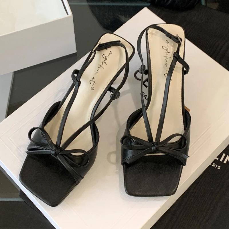 Blue Polka Dot Bow High Heel Sandals Women Fashion Square Toe Back Strap Buckle Brand Designer Shoes Sexy Open-toe Dress Shoes