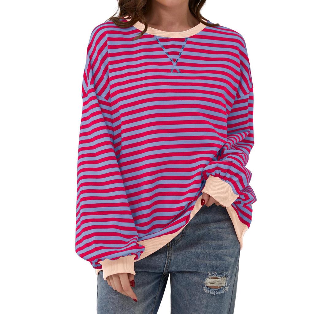 Women's T-shirt Bottoming Shirt Spring Simple Home Casual New Striped Pattern Round Neck Trend Long-sleeved Pullover Color Matching T-shirt