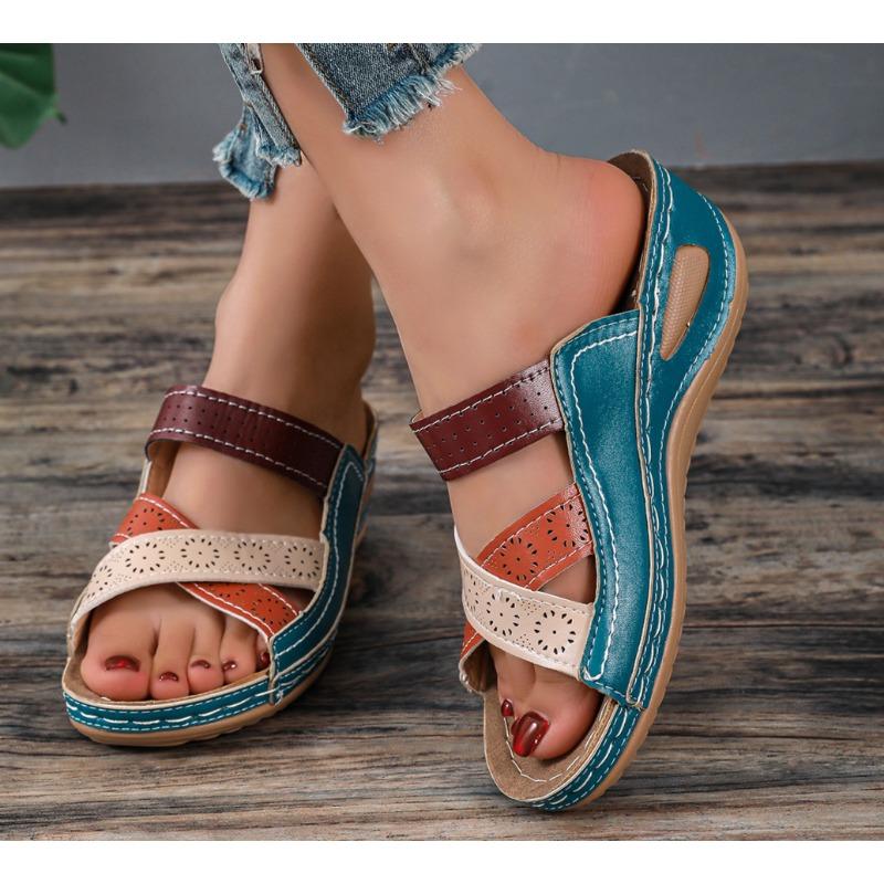 

Модные женские танкетки-шлепанцы Лето Новые Ортопедические Сандалии с открытым носком Винтажная кожа Повседневные Женские Шлепанцы на платформе Слайды Сандалии 43 42 синий