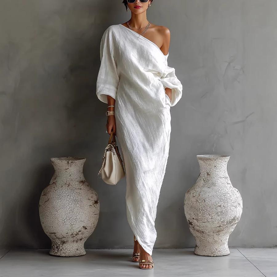 Nuovo Abito Lungo Estivo Moda di Alta Gamma da Donna a Maniche Lunghe Sulla Spalla Stile Vita Media Rimboccato