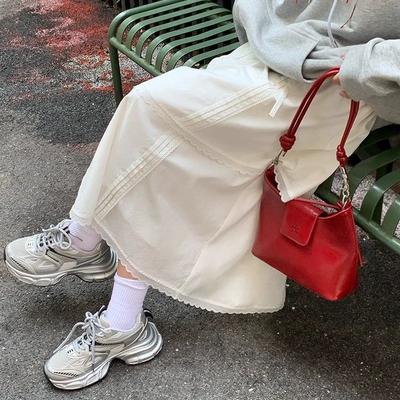 Damen Frühling/Sommer Chic Plissierter Midi-Rock mit Spitzenbesatz - Kordelzug Hohe Taille Unregelmäßiger Gerader Utility-Rock