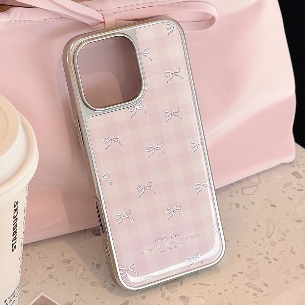 Gilt Gold Is Suitable for Apple 17promax Mobile Phone Case Iphone16 Pink Plaid Bow 13 Electroplated High-quality Mobile Phone Case