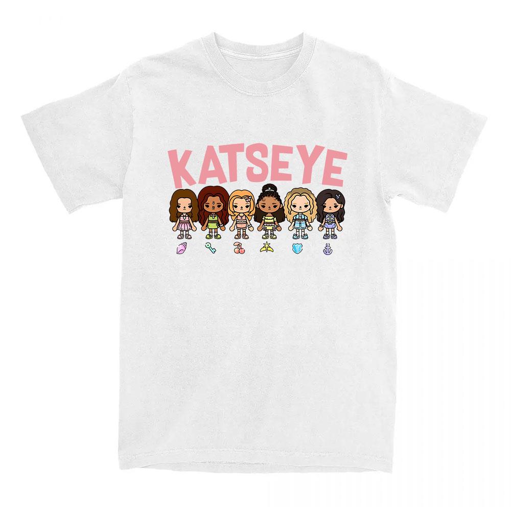 Mädchen Band KATSEYE X Toca Boca T-Shirt Kawaii Cartoon Grafikdruck T-Shirts Kurzarm Baumwolle Locker Damen T-Shirts Freizeit Unisex XXL weiß