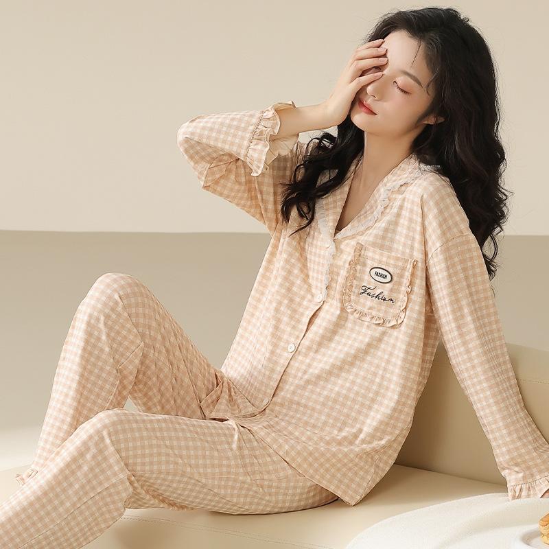 Pajamas women's spring and autumn 1011 new pure cotton long-sleeved white simple temperament fashionable can be worn outside casual loungewear