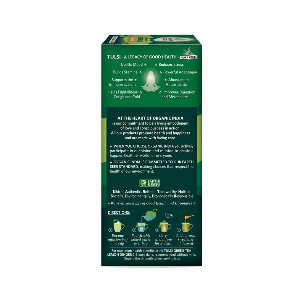 Green Tea with Tulsi, Lemon and Ginger (25 Packs, 1.8 G), Tulsi Green Tea Lemon Ginger, Organic India