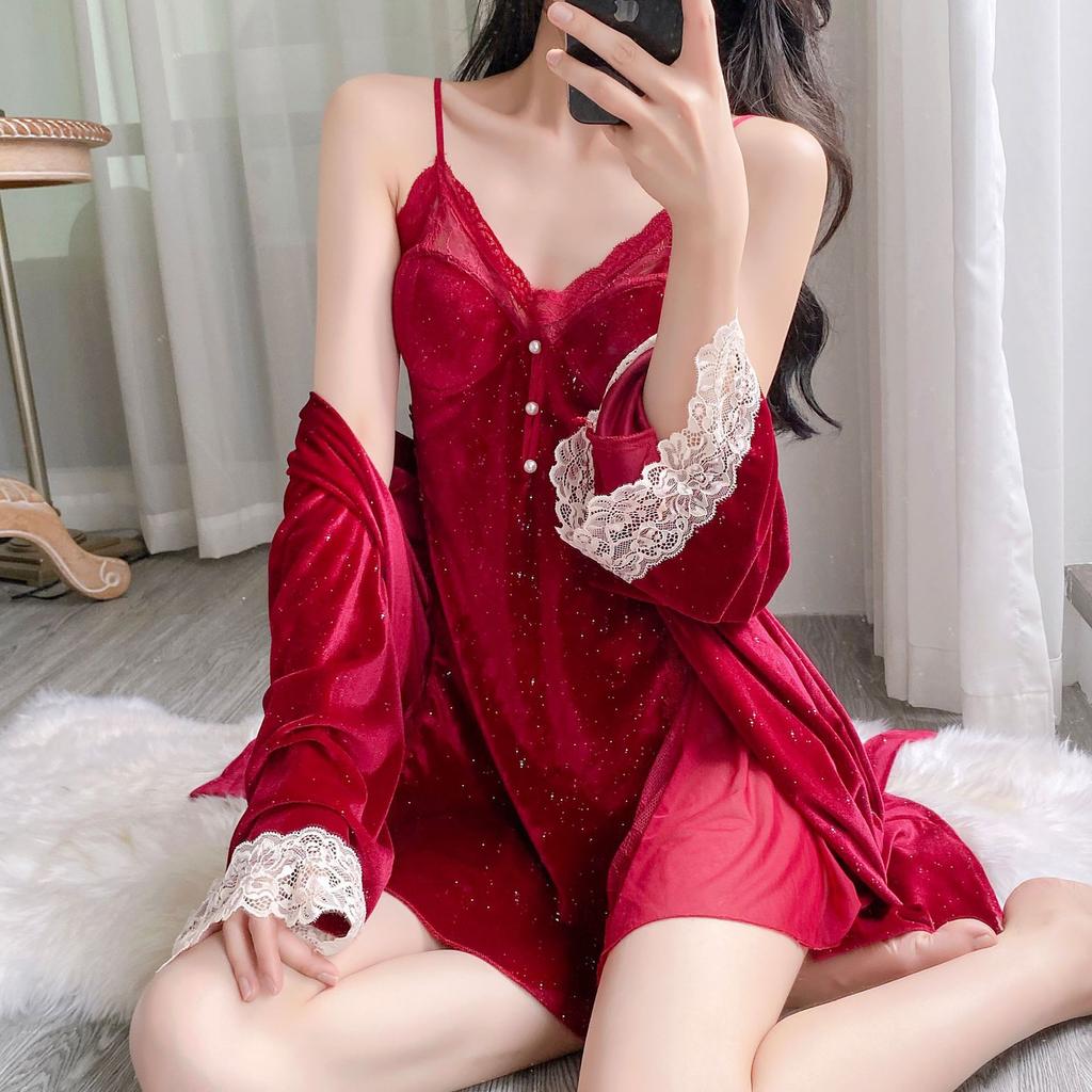 Yase [Confession Message] Sexy Pajamas Women's Golden Velvet Pure Desire Wind Suspender Pajama with Chest Pad Pajama Set