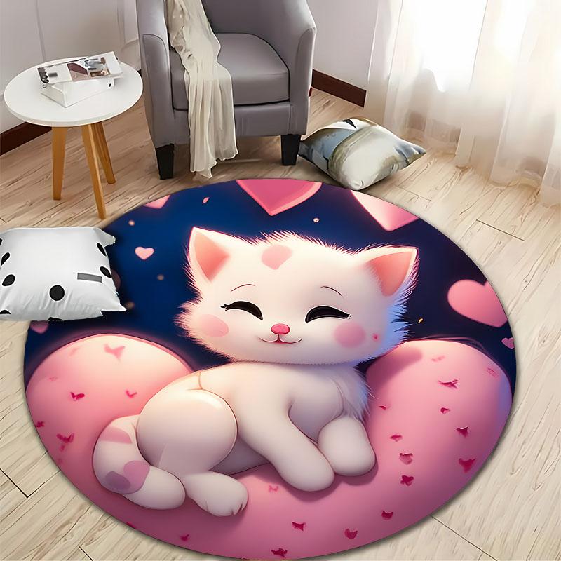 Charming Cat and Hearts Rug for Nursery Room round carpet for home sofa bedroom, gift