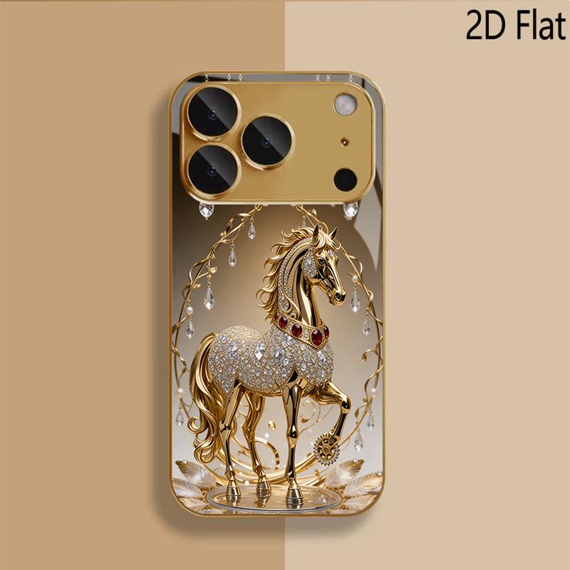 Golden Horse Patterned tempered glass design for iPhone16 17 ProMax 1514 1312 11ProMax Phone Case Camera Cover Shockproof Hard B