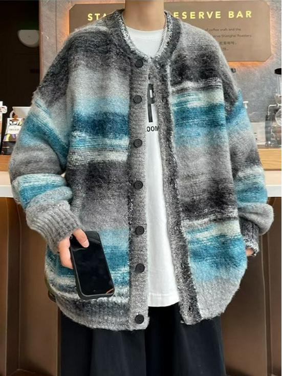 Men's Retro Gradient Color Block Cardigan - Trendy Autumn/Winter Knitwear