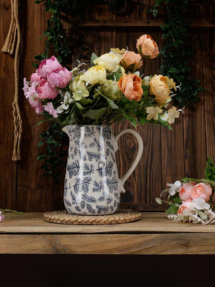Vase Ceramic Household with Handle Pot Decoration Living Room Flower Arrangement Ice Crack Pastoral Inn B & B Retro Nostalgic1Pc