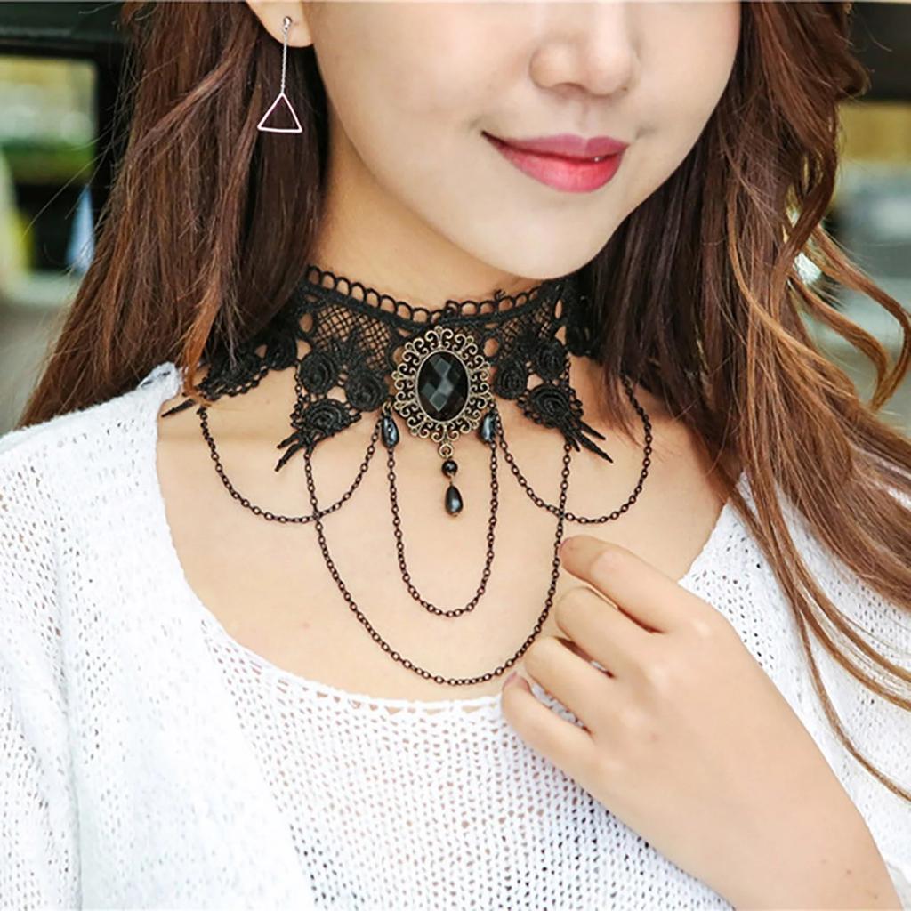 Women Black Lace Choker Necklace Crystal Pendant Gothic Tassel Chain for Party Prom Costume Jewelry for Women