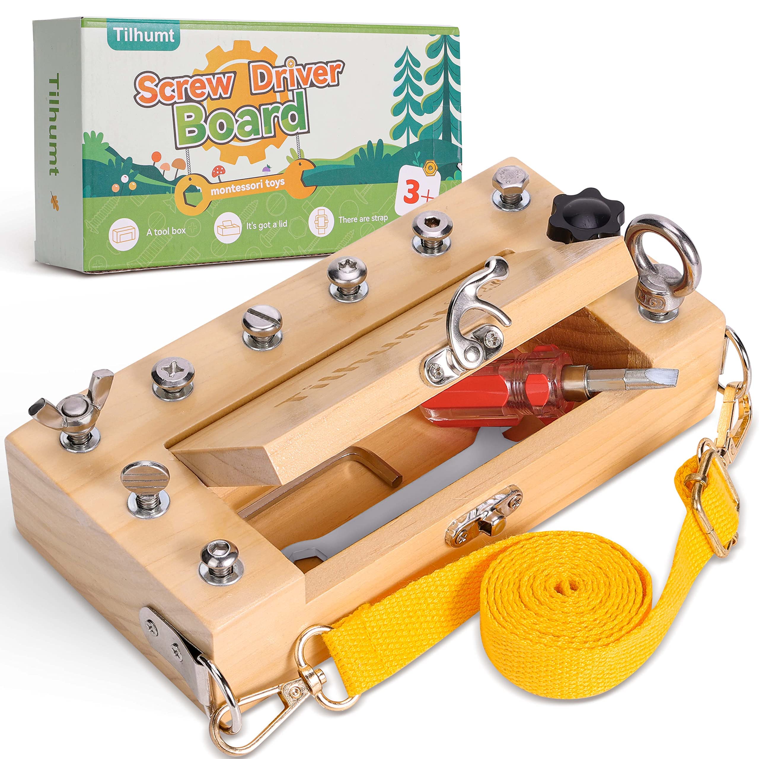 

Montessori Screwdriver Board Set - Portable Busy Board Screwdriver Toy Set for 3-5 Toddlers for Travel with Carry Strap & Storage Box Screwdriver Board