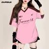 Pink Jersey T-shirt Girls V-neck T-shirt Oversize Women's Shirt Short-sleeved Summer Casual Printed Trendy Brand Fashion Streetwear Tops