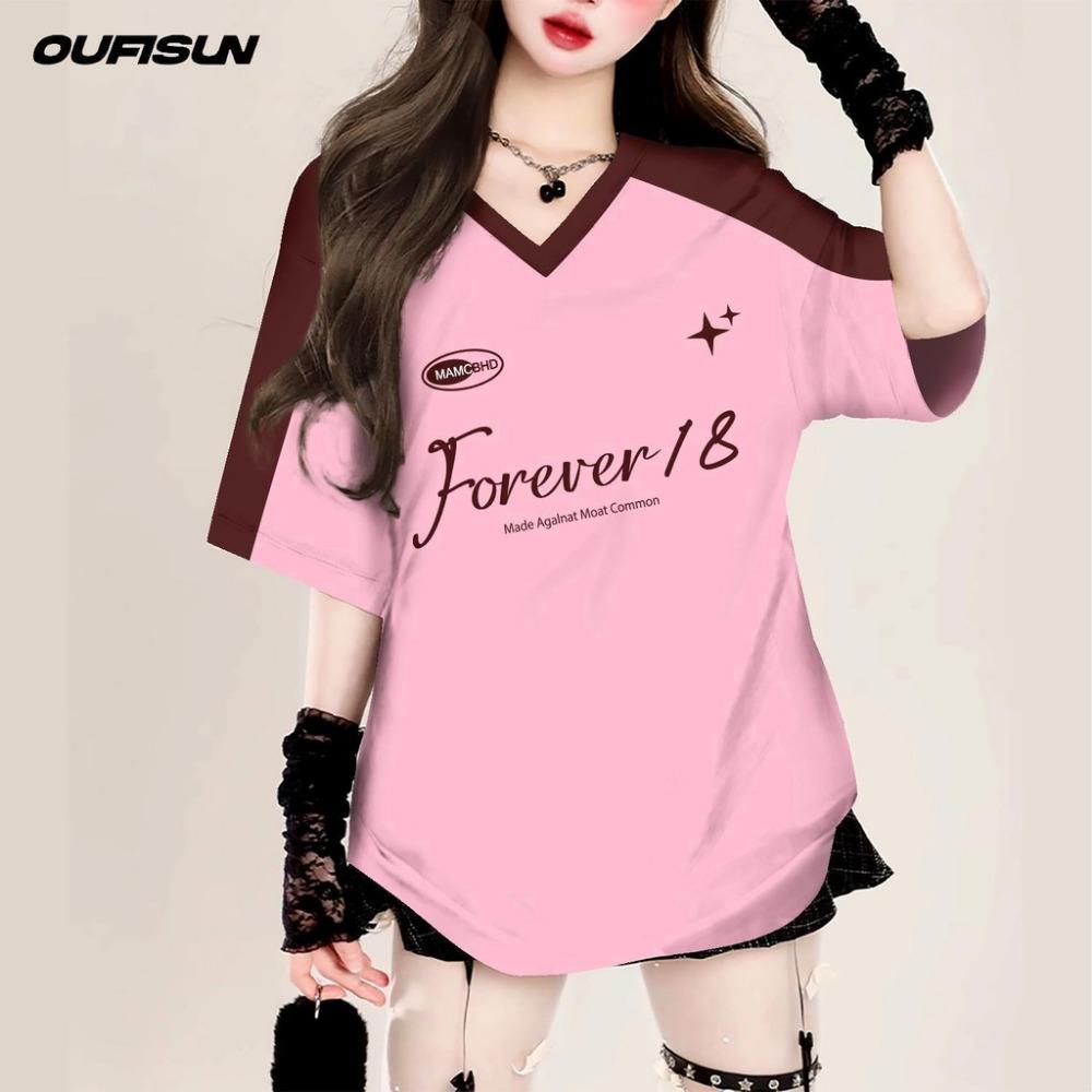 Pink Jersey T-shirt Girls V-neck T-shirt Oversize Women's Shirt Short-sleeved Summer Casual Printed Trendy Brand Fashion Streetwear Tops