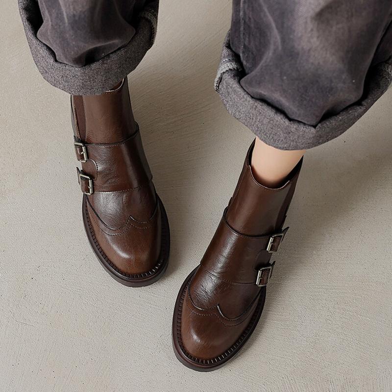 Fashion NEW Autumn Women Boots Round Toe Chunky Heel Shoes Split Leather Shoes for Women Slip-on Ankle Boots Belt Buckle Chelsea Boots