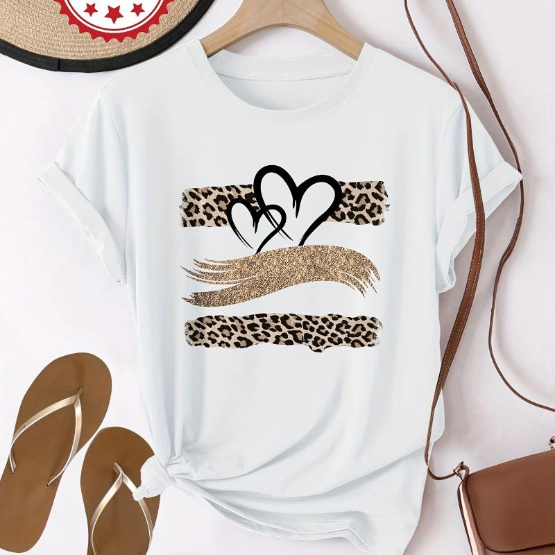 

Short-Sleeved Round-Neck T-Shirt with Leopard Print Heart Pattern XS белый
