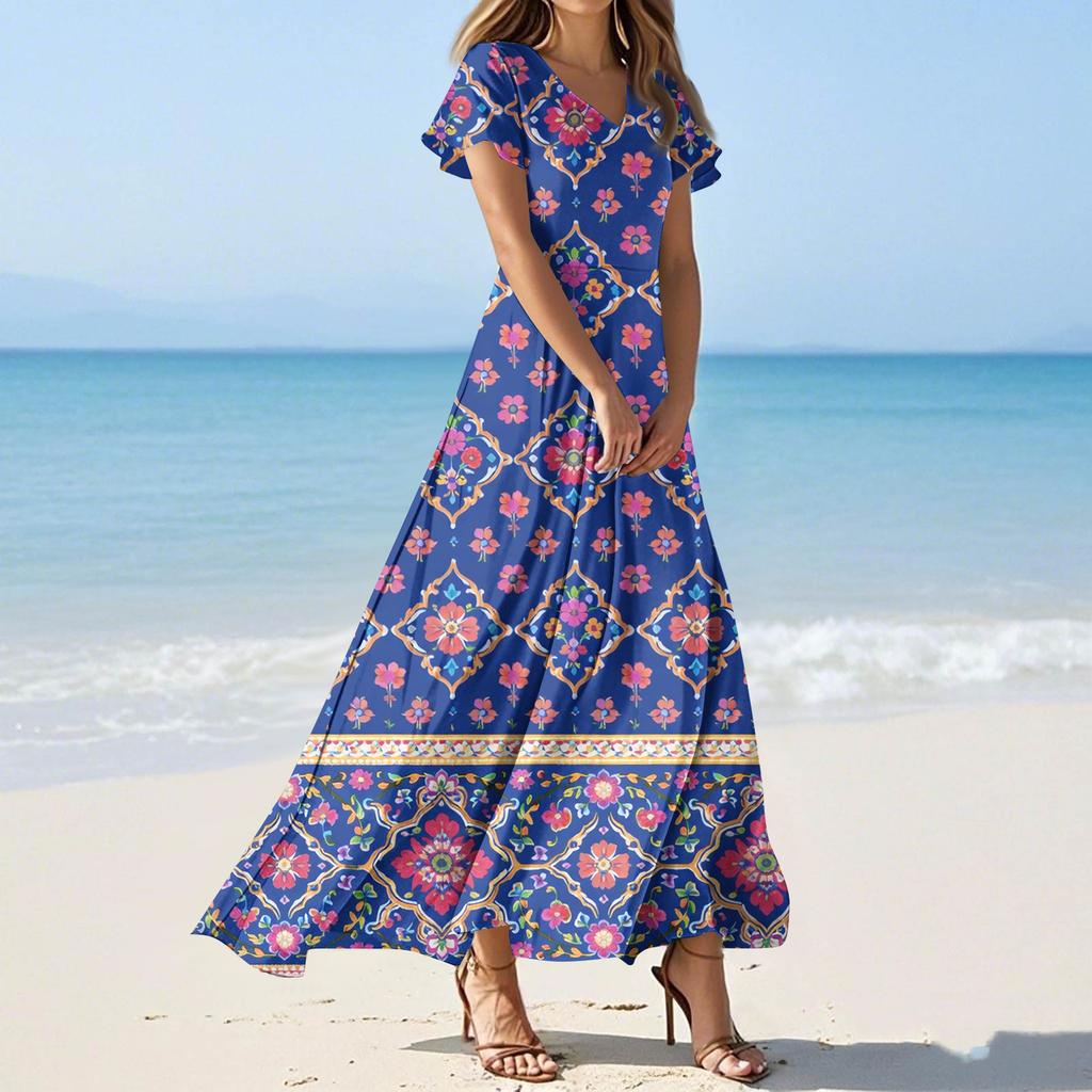 Vestidos casuales de verano para mujer, con estampados de colores y cuello en V y manga corta
