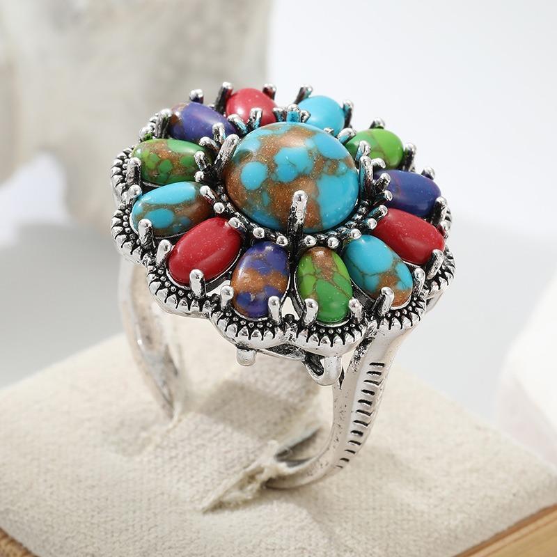 Bohemian Inlaid Imitation Multicolored Imitation Turquoise Flower Women's Ring CopperColor Daily Wear Party Anniversary Gift