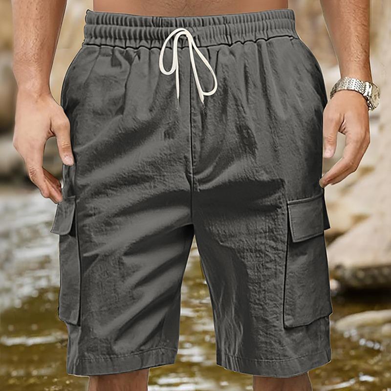 Mens Solid Color Drawstring Waist Cargo Casual Shorts