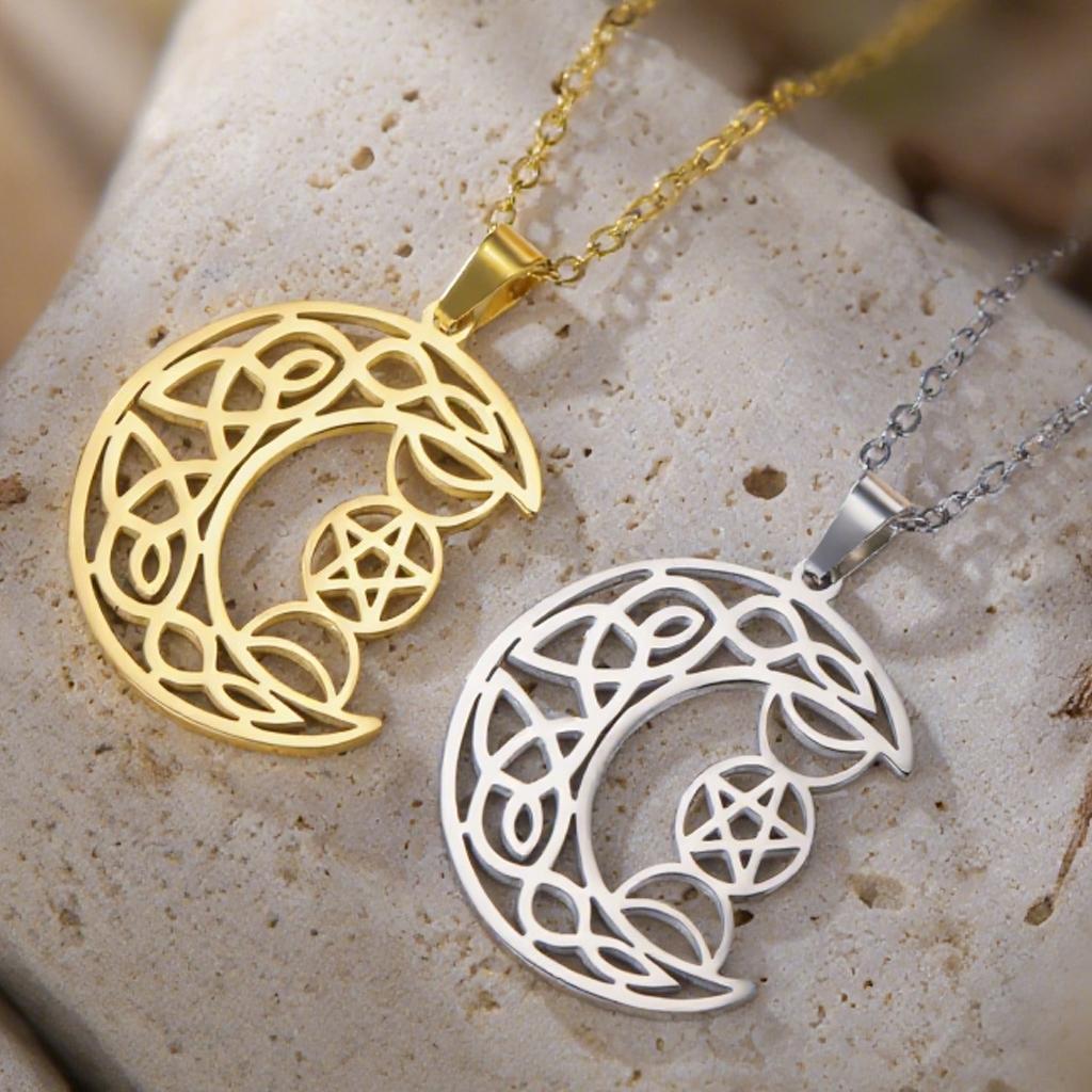 Dawapara Triple Moon Goddess Celtics Moon Necklace Pentagram Wiccan Pendant Protection Talisman Stainless Steel Jewelry