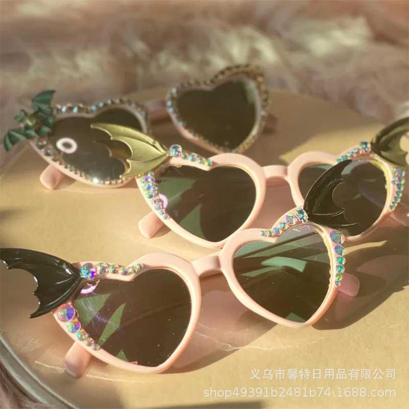 New Halloween Bat Wings Pink Heart Sunglasses with Handmade Gemstones in Dark Fairy Style for Personalized Look