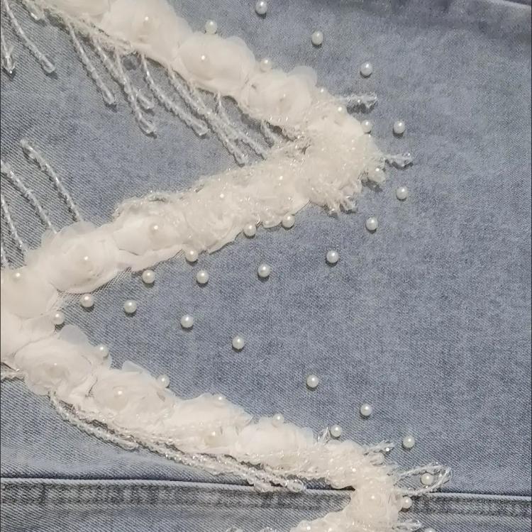 Fashionable 3D Flowers Denim Skirt for Women with High Waist and Beaded Tassels