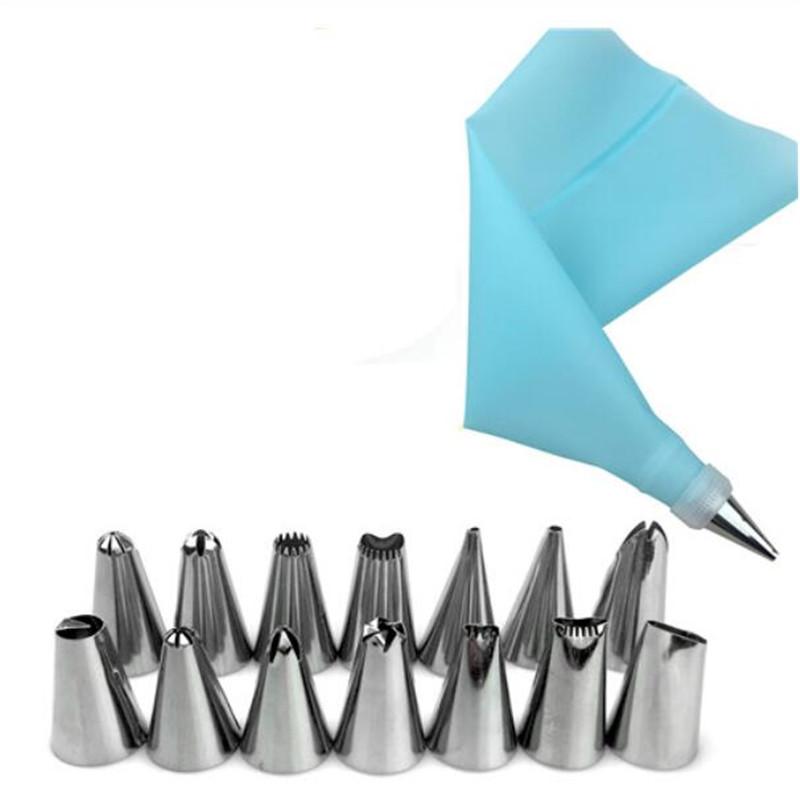 16 PCS/Set Silicone Kitchen Accessories Icing Piping Cream Pastry Bag +14 Stainless Steel Nozzle Set DIY Cake Decorating Tips