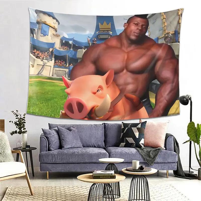 Clash Meme Tapestry Buff Man with Hog Rider Funny Game Wall Hanging Home Gaming Room Bedroom Decor 100X70CM