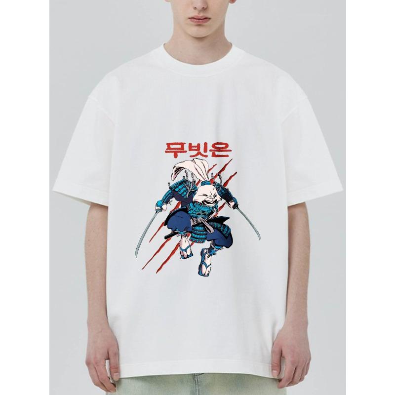 Black T Shirt With Samurai Rabbit Print And Korean Text For Casual Wear