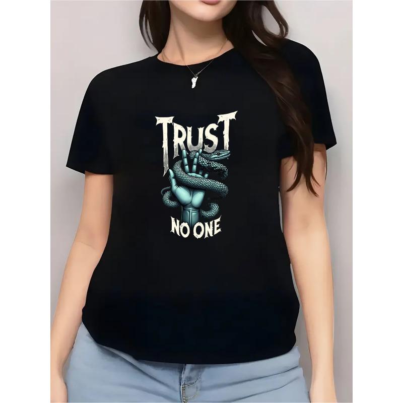 

European Size Trust No One Graphic Tee - Stylish Black Short Sleeve with Bold White Lettering, Snake and Hand Design,Casual Top, Ladies T Shirts 4XL