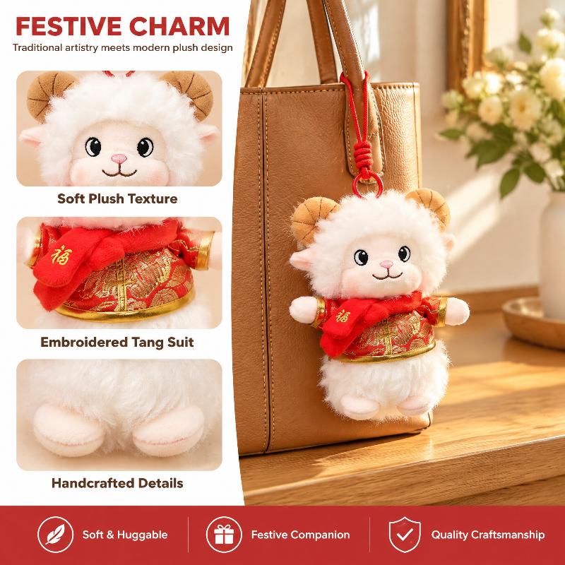 1Pcs Cute Sheep Plush Keychain Chinese New Year Mascot Doll Tang Suit Soft Stuffed Hanging Ornament For Lunar New Year Decor
